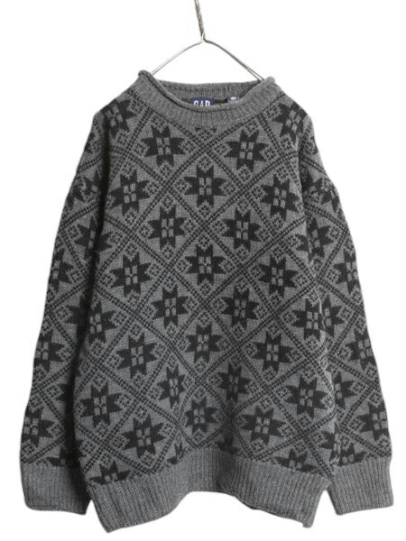90s OLD GAP ロールネック ウール ニット セーター メンズ XL 90年代 オールド ギャップ 旧タグ 大きいサイズ ツートン ノルディック 総柄