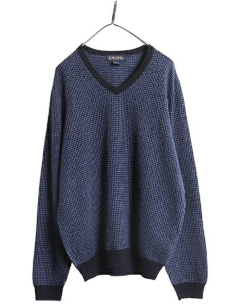 ブルックスブラザーズ Vネック ニット セーター メンズ L / 古着 Brooks Brothers メリノ ウール 総柄 ハイゲージ 千鳥格子 チェック 薄手