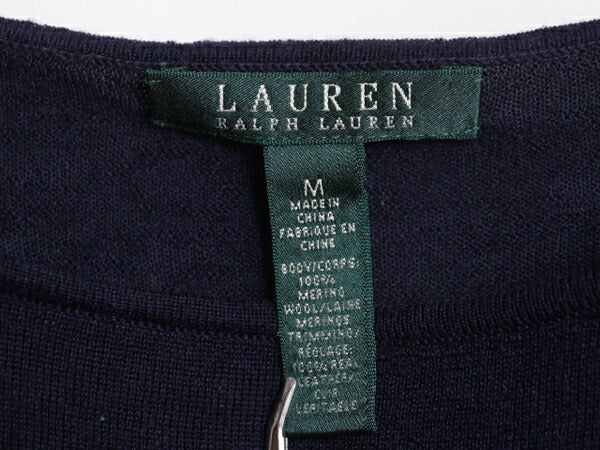00s LAUREN ラルフローレン メリノ ウールニット セーター レディース M / オールド ポロ 無地 ポケット付き カットソー ボートネック 紺