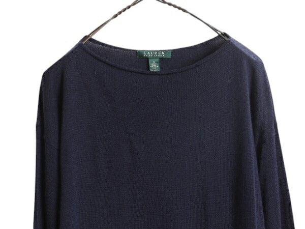00s LAUREN ラルフローレン メリノ ウールニット セーター レディース M / オールド ポロ 無地 ポケット付き カットソー ボートネック 紺