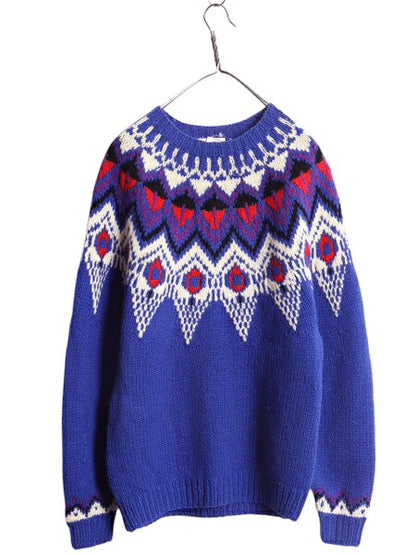 90s LORD&TAYLOR ノルディック ニット セーター メンズ M レディース L / 古着 オールド シェットランド ウール 求心柄 丸ヨーク 厚手 総柄