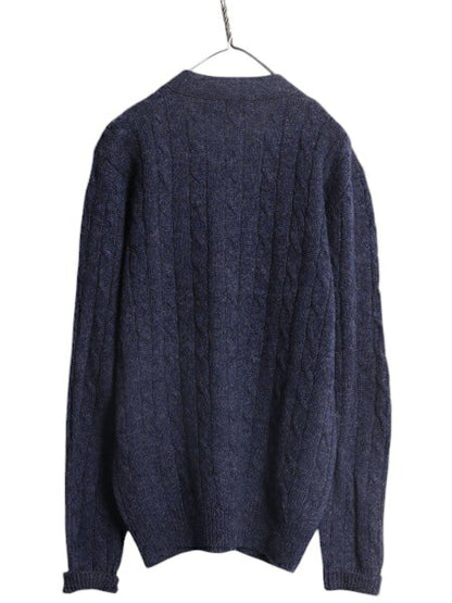 90s J CREW ケーブル ニット カーディガン メンズ M オールド ジェイクルー 巨人タグ ウール セーター 前開き 羽織り 無地 ポケット付き 紺