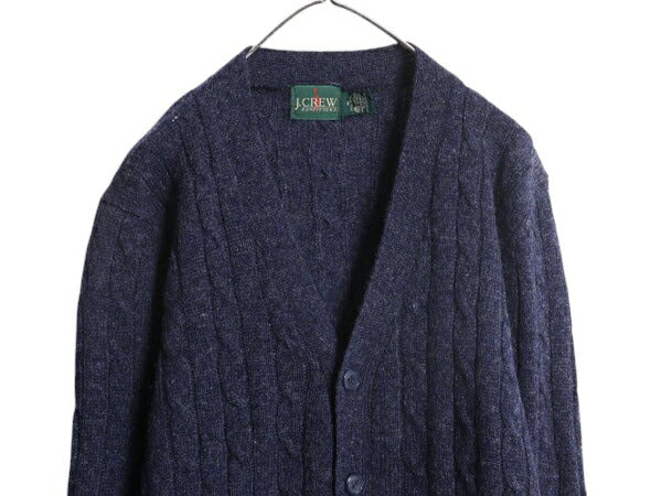 90s J CREW ケーブル ニット カーディガン メンズ M オールド ジェイクルー 巨人タグ ウール セーター 前開き 羽織り 無地 ポケット付き 紺