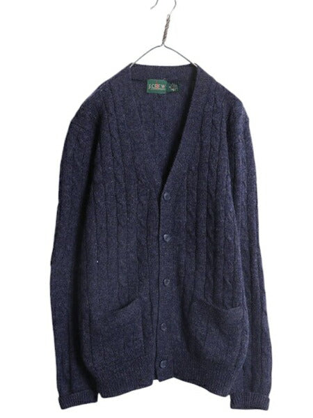 90s J CREW ケーブル ニット カーディガン メンズ M オールド ジェイクルー 巨人タグ ウール セーター 前開き 羽織り 無地 ポケット付き 紺