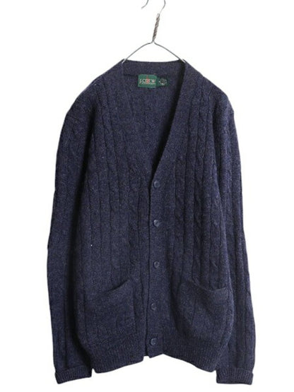 90s J CREW ケーブル ニット カーディガン メンズ M オールド ジェイクルー 巨人タグ ウール セーター 前開き 羽織り 無地 ポケット付き 紺