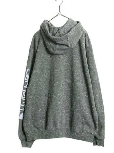 カーハート 袖 プリント スウェット フード パーカー メンズ L / 古着 CARHARTT トレーナー プルオーバー スエット 裏起毛 ワンポイント 緑