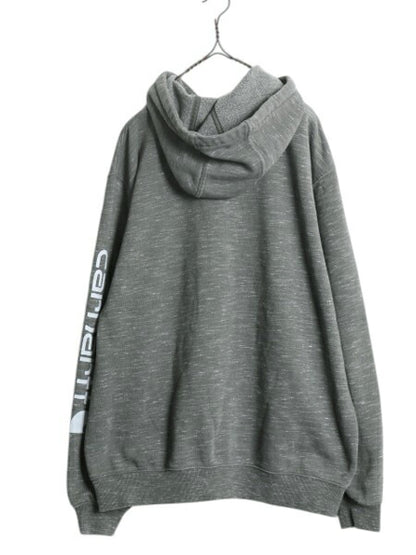 カーハート 袖 プリント スウェット フード パーカー メンズ L / 古着 CARHARTT トレーナー プルオーバー スエット 裏起毛 ワンポイント 緑