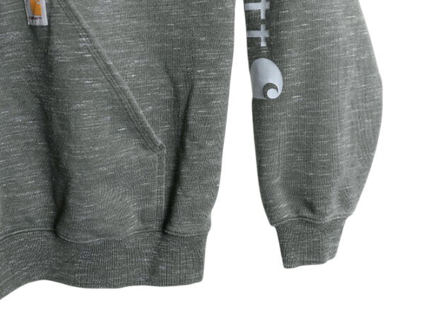カーハート 袖 プリント スウェット フード パーカー メンズ L / 古着 CARHARTT トレーナー プルオーバー スエット 裏起毛 ワンポイント 緑