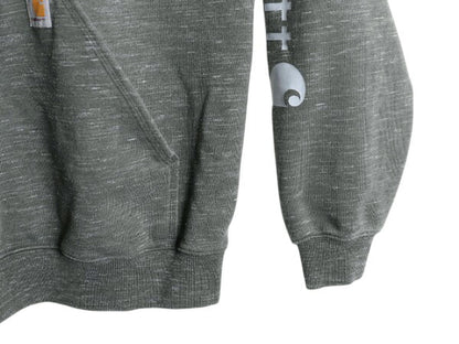カーハート 袖 プリント スウェット フード パーカー メンズ L / 古着 CARHARTT トレーナー プルオーバー スエット 裏起毛 ワンポイント 緑