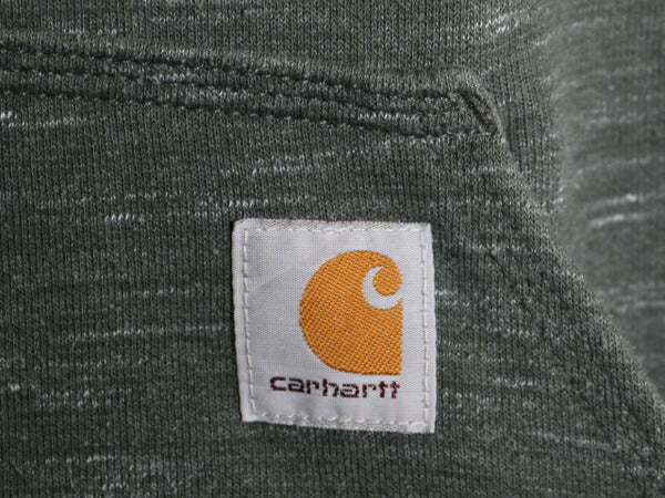 カーハート 袖 プリント スウェット フード パーカー メンズ L / 古着 CARHARTT トレーナー プルオーバー スエット 裏起毛 ワンポイント 緑