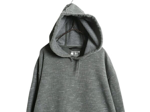 カーハート 袖 プリント スウェット フード パーカー メンズ L / 古着 CARHARTT トレーナー プルオーバー スエット 裏起毛 ワンポイント 緑