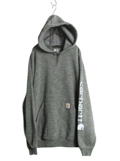 カーハート 袖 プリント スウェット フード パーカー メンズ L / 古着 CARHARTT トレーナー プルオーバー スエット 裏起毛 ワンポイント 緑