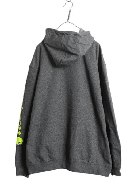 カーハート 袖 プリント スウェット フード パーカー メンズ XXL 古着 CARHARTT トレーナー スエット プルオーバー 裏起毛 大きいサイズ 灰