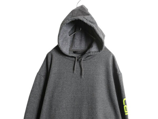 カーハート 袖 プリント スウェット フード パーカー メンズ XXL 古着 CARHARTT トレーナー スエット プルオーバー 裏起毛 大きいサイズ 灰