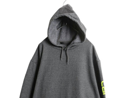カーハート 袖 プリント スウェット フード パーカー メンズ XXL 古着 CARHARTT トレーナー スエット プルオーバー 裏起毛 大きいサイズ 灰
