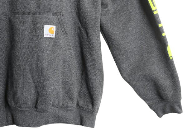 カーハート 袖 プリント スウェット フード パーカー メンズ XXL 古着 CARHARTT トレーナー スエット プルオーバー 裏起毛 大きいサイズ 灰