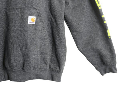 カーハート 袖 プリント スウェット フード パーカー メンズ XXL 古着 CARHARTT トレーナー スエット プルオーバー 裏起毛 大きいサイズ 灰