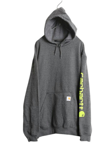 カーハート 袖 プリント スウェット フード パーカー メンズ XXL 古着 CARHARTT トレーナー スエット プルオーバー 裏起毛 大きいサイズ 灰