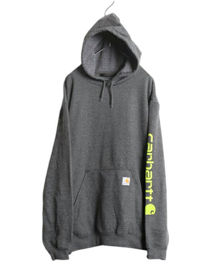 カーハート 袖 プリント スウェット フード パーカー メンズ XXL 古着 CARHARTT トレーナー スエット プルオーバー 裏起毛 大きいサイズ 灰