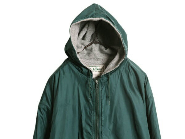 90s エルエルビーン ナイロン フード パーカー ジャケット メンズ L 程 オールド LLBean フルジップ 裏 フリース ライナー付き ブルゾン 緑