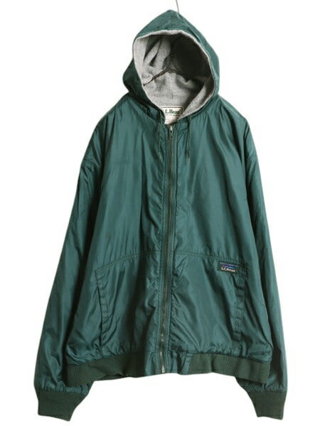 90s エルエルビーン ナイロン フード パーカー ジャケット メンズ L 程 オールド LLBean フルジップ 裏 フリース ライナー付き ブルゾン 緑