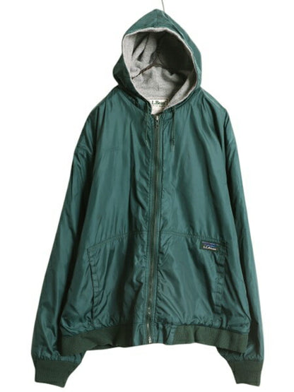 90s エルエルビーン ナイロン フード パーカー ジャケット メンズ L 程 オールド LLBean フルジップ 裏 フリース ライナー付き ブルゾン 緑