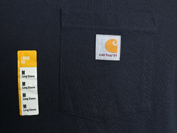 デッドストック カーハート ポケット付き 長袖 Tシャツ メンズ M 新品 CARHARTT ロンT ワンポイント ロゴT ヘビーウェイト クルーネック 紺