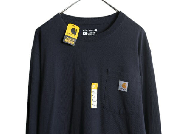 デッドストック カーハート ポケット付き 長袖 Tシャツ メンズ M 新品 CARHARTT ロンT ワンポイント ロゴT ヘビーウェイト クルーネック 紺