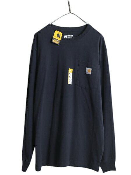 デッドストック カーハート ポケット付き 長袖 Tシャツ メンズ M 新品 CARHARTT ロンT ワンポイント ロゴT ヘビーウェイト クルーネック 紺