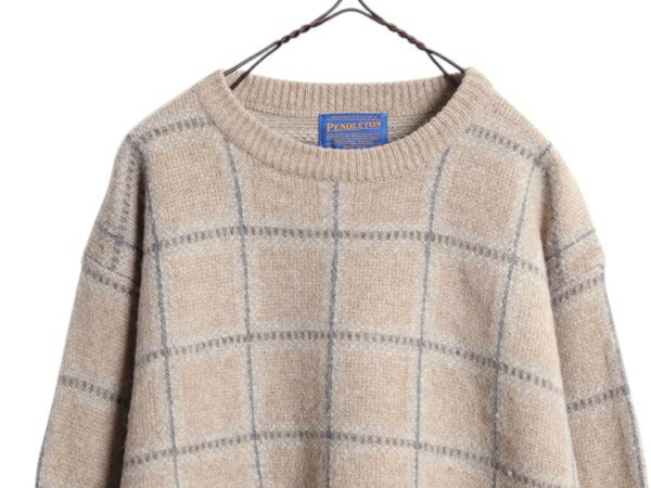 90s ペンドルトン チェック デザイン ニット セーター メンズ L / 古着 90年代 オールド PENDLETON ウール クルーネック ミドルゲージ 総柄