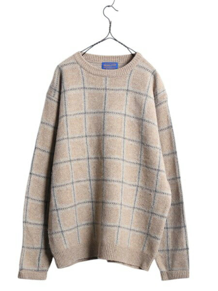 90s ペンドルトン チェック デザイン ニット セーター メンズ L / 古着 90年代 オールド PENDLETON ウール クルーネック ミドルゲージ 総柄