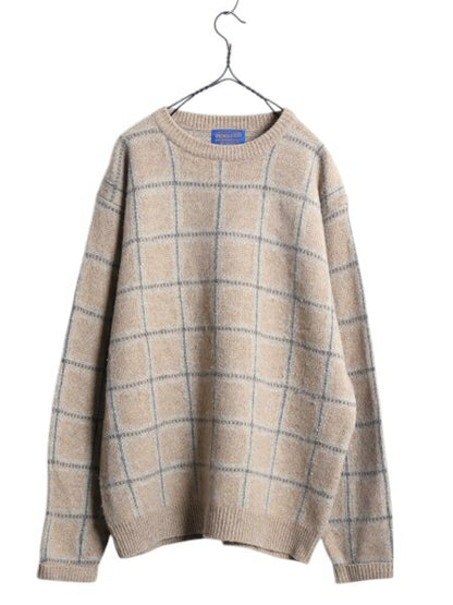 90s ペンドルトン チェック デザイン ニット セーター メンズ L / 古着 90年代 オールド PENDLETON ウール クルーネック ミドルゲージ 総柄