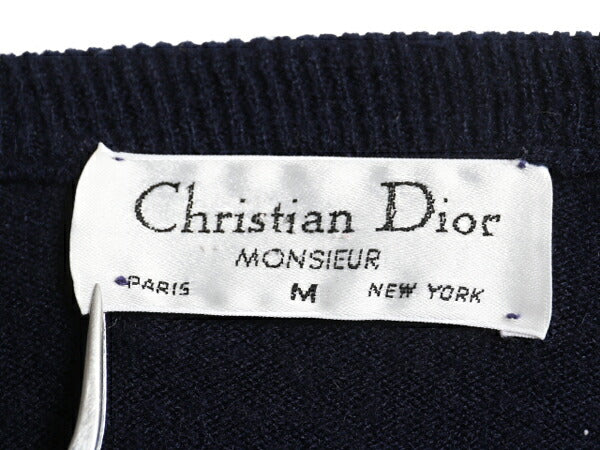 80s クリスチャン ディオール Vネック アクリル ニット セーター メンズ M / ヴィンテージ Christian Dior Monsieur 薄手 ワンポイント 紺