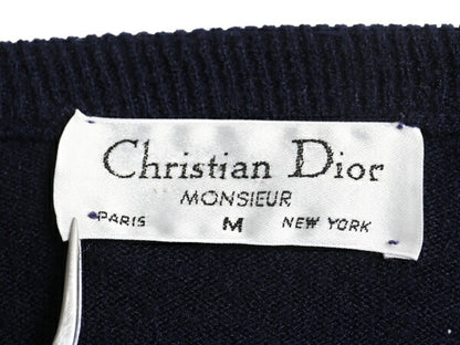 80s クリスチャン ディオール Vネック アクリル ニット セーター メンズ M / ヴィンテージ Christian Dior Monsieur 薄手 ワンポイント 紺