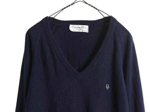 80s クリスチャン ディオール Vネック アクリル ニット セーター メンズ M / ヴィンテージ Christian Dior Monsieur 薄手 ワンポイント 紺