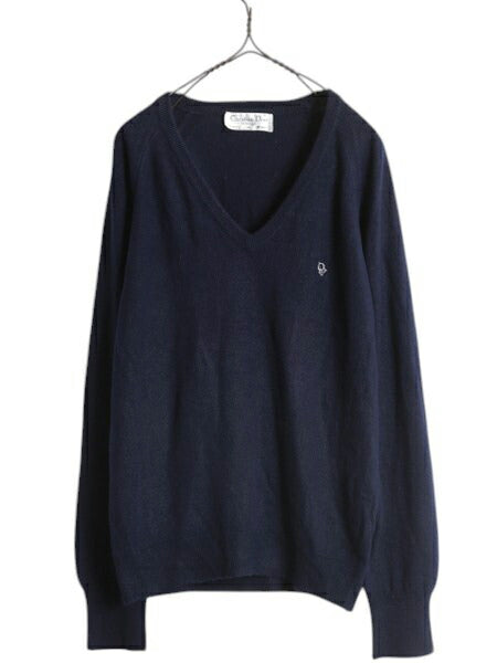 80s クリスチャン ディオール Vネック アクリル ニット セーター メンズ M / ヴィンテージ Christian Dior Monsieur 薄手 ワンポイント 紺