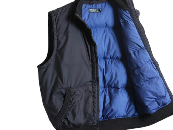 90s ポロ ラルフローレン ナイロン ダウン ベスト メンズ L / 古着 90年代 オールド 前開き ハイネック フルジップ 重ね着 ワンポイント 紺