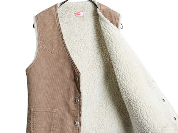 70s USA製 リーバイス 裏 ボア コーデュロイ ベスト メンズ M 古着 ヴィンテージ LEVIS 細畝 重ね着 前開き パイル フリース ポケット付き