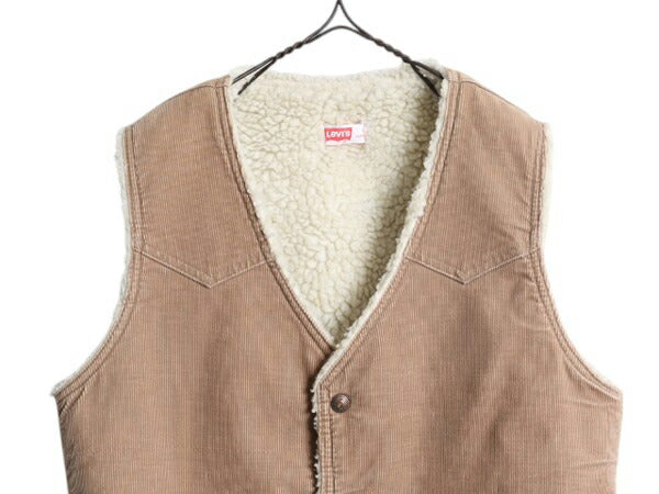 70s USA製 リーバイス 裏 ボア コーデュロイ ベスト メンズ M 古着 ヴィンテージ LEVIS 細畝 重ね着 前開き パイル フリース ポケット付き