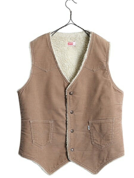70s USA製 リーバイス 裏 ボア コーデュロイ ベスト メンズ M 古着 ヴィンテージ LEVIS 細畝 重ね着 前開き パイル フリース ポケット付き