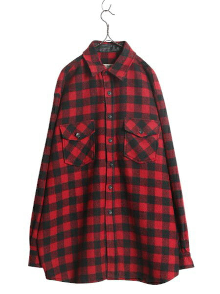 エルエルビーン ブロック チェック 長袖 CPO ウール シャツ メンズ XL / 古着 LLBEAN ヘビーウェイト ジャケット 厚手 大きいサイズ 赤 黒