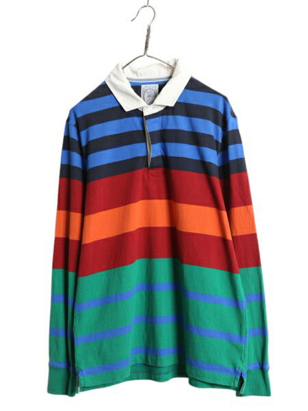 90s ランズエンド ボーダー 長袖 ラガーシャツ メンズ L 古着 オールド ラグビー 長袖シャツ ポロシャツ カットソー コットン マルチカラー
