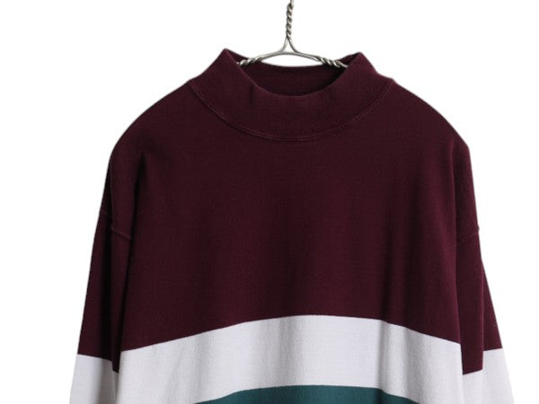 90s エディーバウアー モックネック ボーダー 長袖 Tシャツ メンズ M 古着 オールド ラガーシャツ 素材 ロンT 厚手 マルチカラー ゆったり