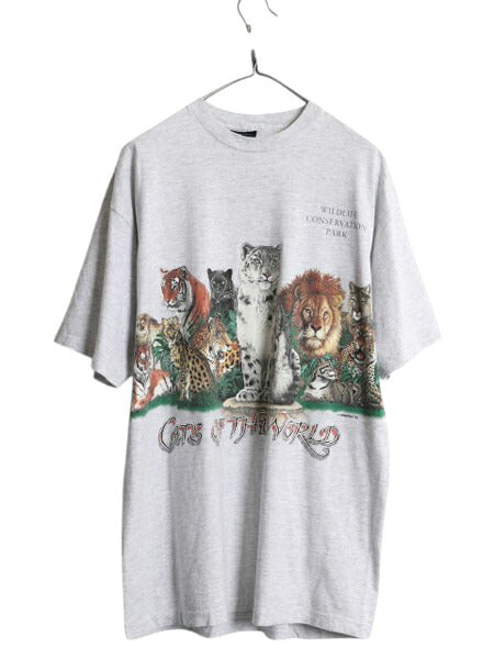 90s USA製 アニマル アート 両面 プリント Tシャツ メンズ XL オールド 当時物 ネコ イラスト グラフィック シングルステッチ 大きいサイズ