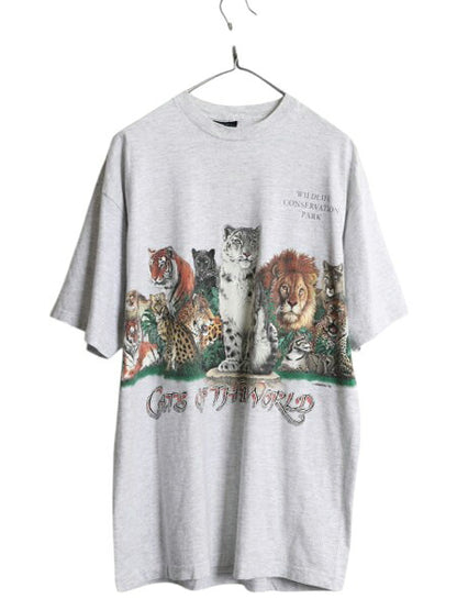 90s USA製 アニマル アート 両面 プリント Tシャツ メンズ XL オールド 当時物 ネコ イラスト グラフィック シングルステッチ 大きいサイズ