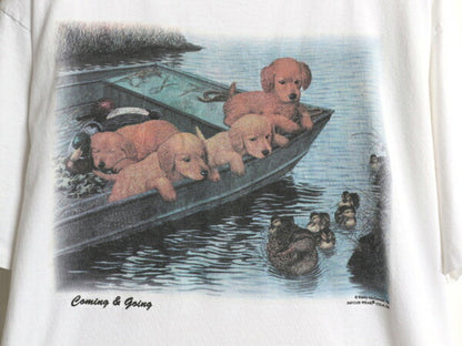 90s ドッグ アート イラスト プリント Tシャツ メンズ L オールド アニマル 犬 キャラクター グラフィック 絵画 シングルステッチ ホワイト