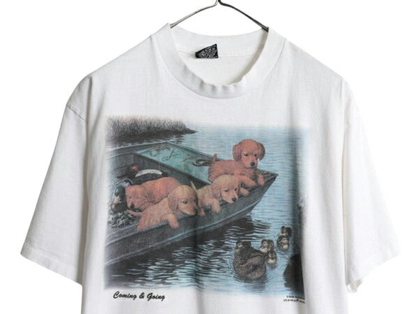 90s ドッグ アート イラスト プリント Tシャツ メンズ L オールド アニマル 犬 キャラクター グラフィック 絵画 シングルステッチ ホワイト