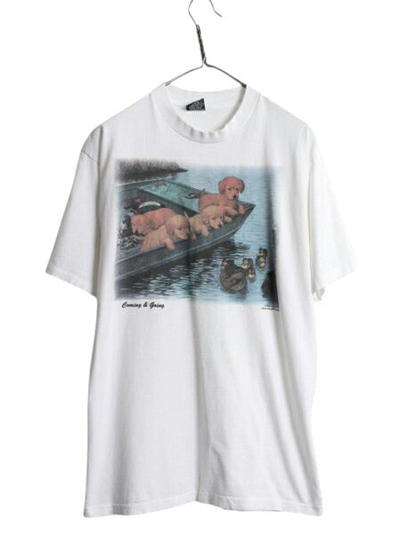 90s ドッグ アート イラスト プリント Tシャツ メンズ L オールド アニマル 犬 キャラクター グラフィック 絵画 シングルステッチ ホワイト