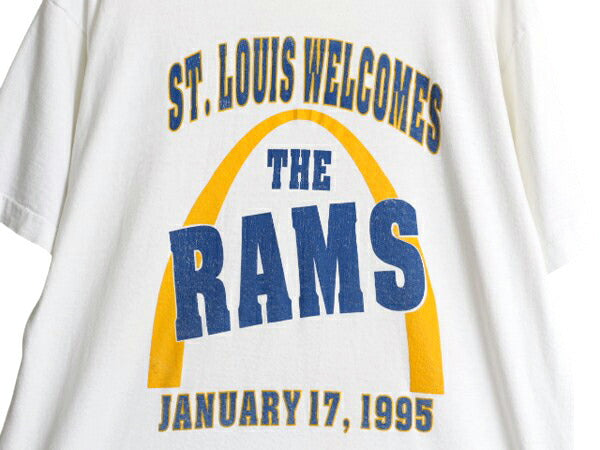 90s USA製 ラムズ プリント 半袖 Tシャツ メンズ L オールド NFL アメフト セントルイス グラフィック シングルステッチ ヘビーウェイト 白