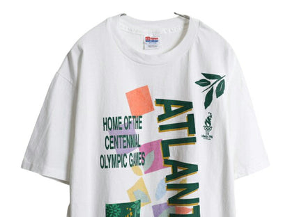 90s オリンピック イラスト プリント Tシャツ メンズ L 古着 オールド アトランタ グラフィック シングルステッチ ヘビーウェイト ホワイト